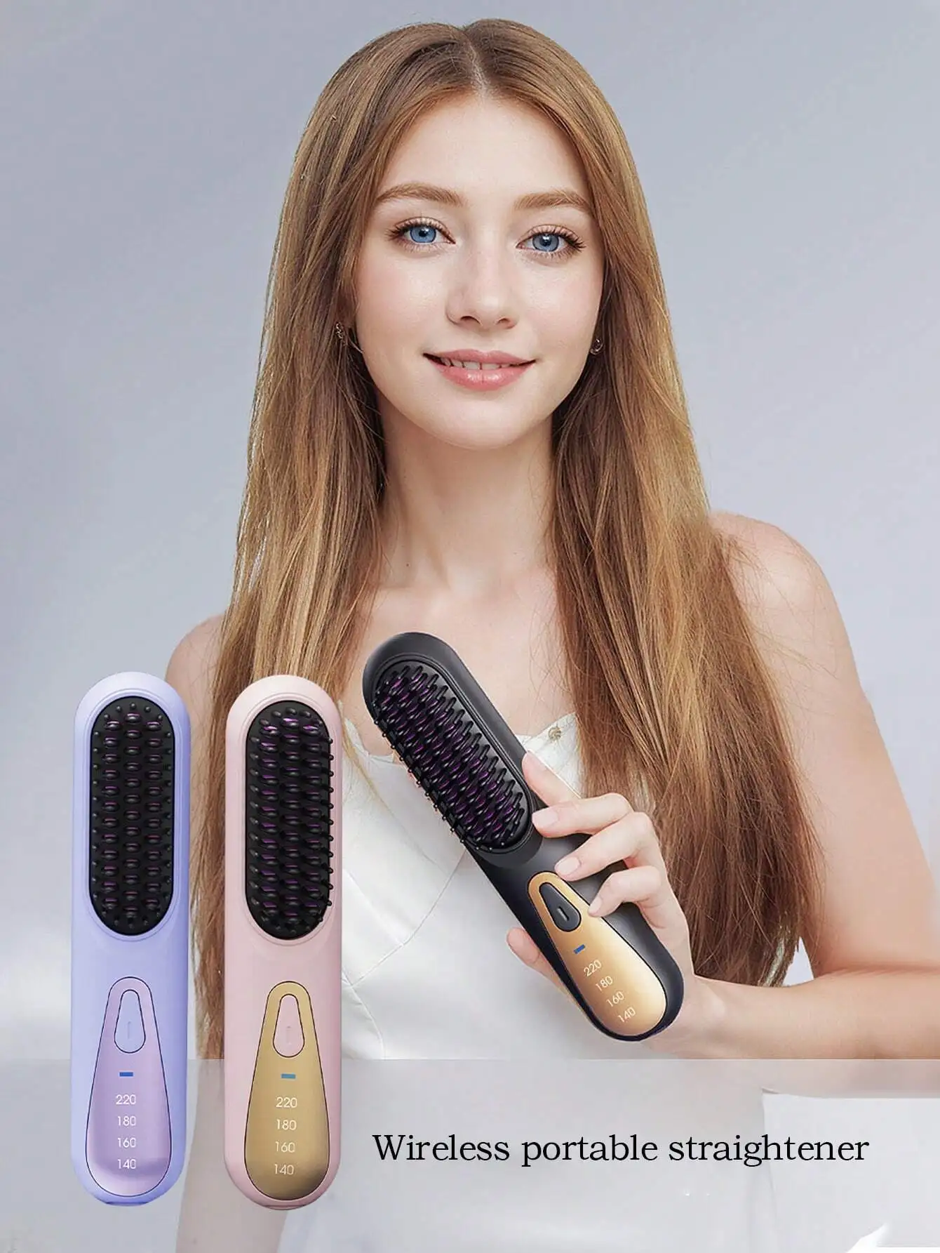1PC Cordless Hair Straightener Brush, USB Charging Mini Ionic Hot Comb Straightener For Women, Ceramic Coating Anti-Scald Lightw