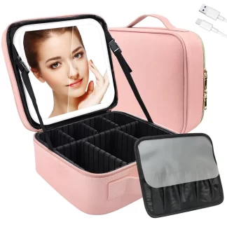 Makeup Bag with Mirror Travel Case Storage Cosmetic Organizer Light Up 3 Colors LED Lights Adjustable Dividers and Brush Holder