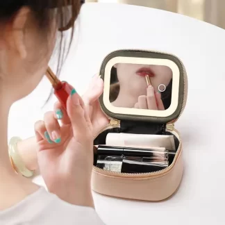 Led Light Makeup Bag With Mirror Portable Mini Travel Cosmetics Storage Bag Waterproof and Simple