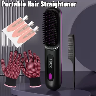 Portable Straightener Brush Cordless Hair Straightener Brush 3Setting Temperature Rechargeable Ceramic Hot Comb Brush for Travel