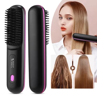 Cordless Hair Straightener Brush Rechargeable Wireless Hair Straightening Brush 3 Temperature Setting Fast Heating Mini Hot Comb